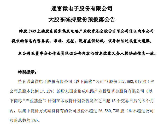 通富微电：国家大基金拟减持公司股份不超过2%